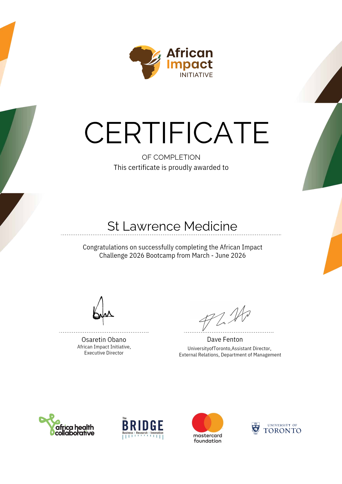 African Impact Initiative Challenge 2026 Bootcamp Certificate of Completion for St Lawrence Medicine