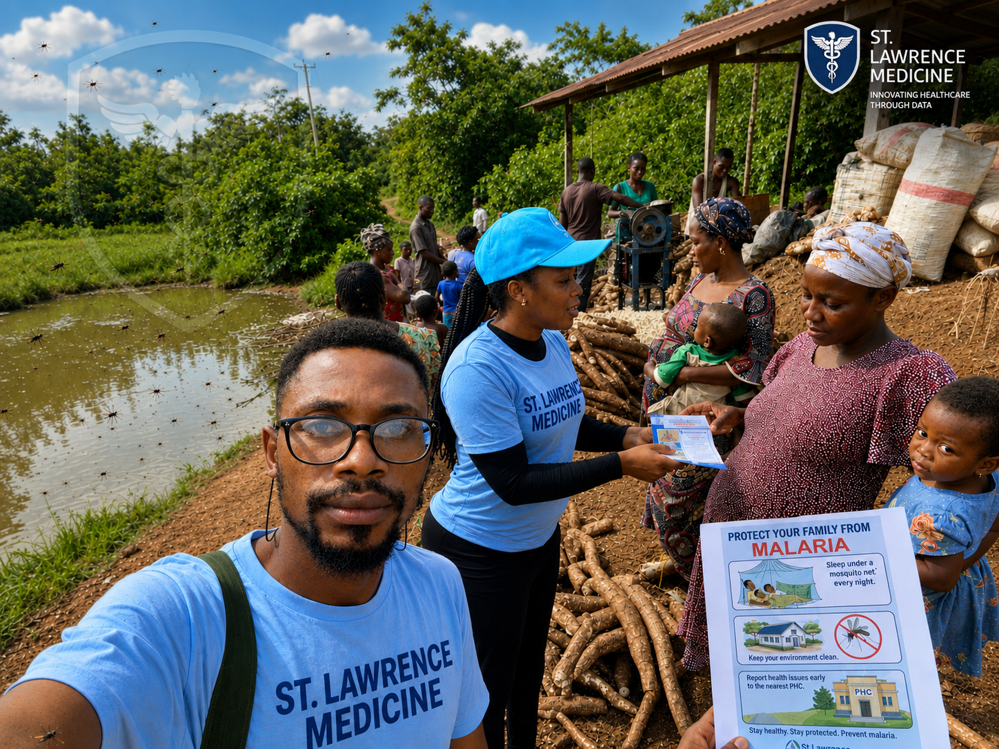 St. Lawrence Medicine community health outreach team conducting malaria prevention and awareness campaigns in underserved communities